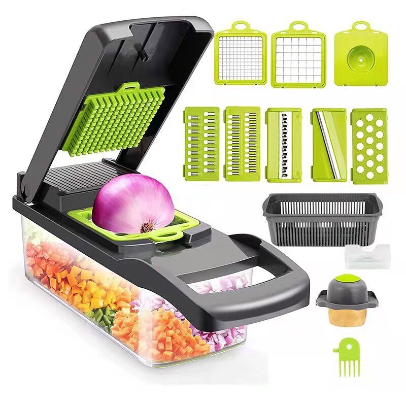 Mandoline Slicer - 1個グリーンブラック12インチ1多機能野菜スライサーカッターシュレッダースライサーバスケット付きフルーツポテトチョッパーにんじんおろし金付き