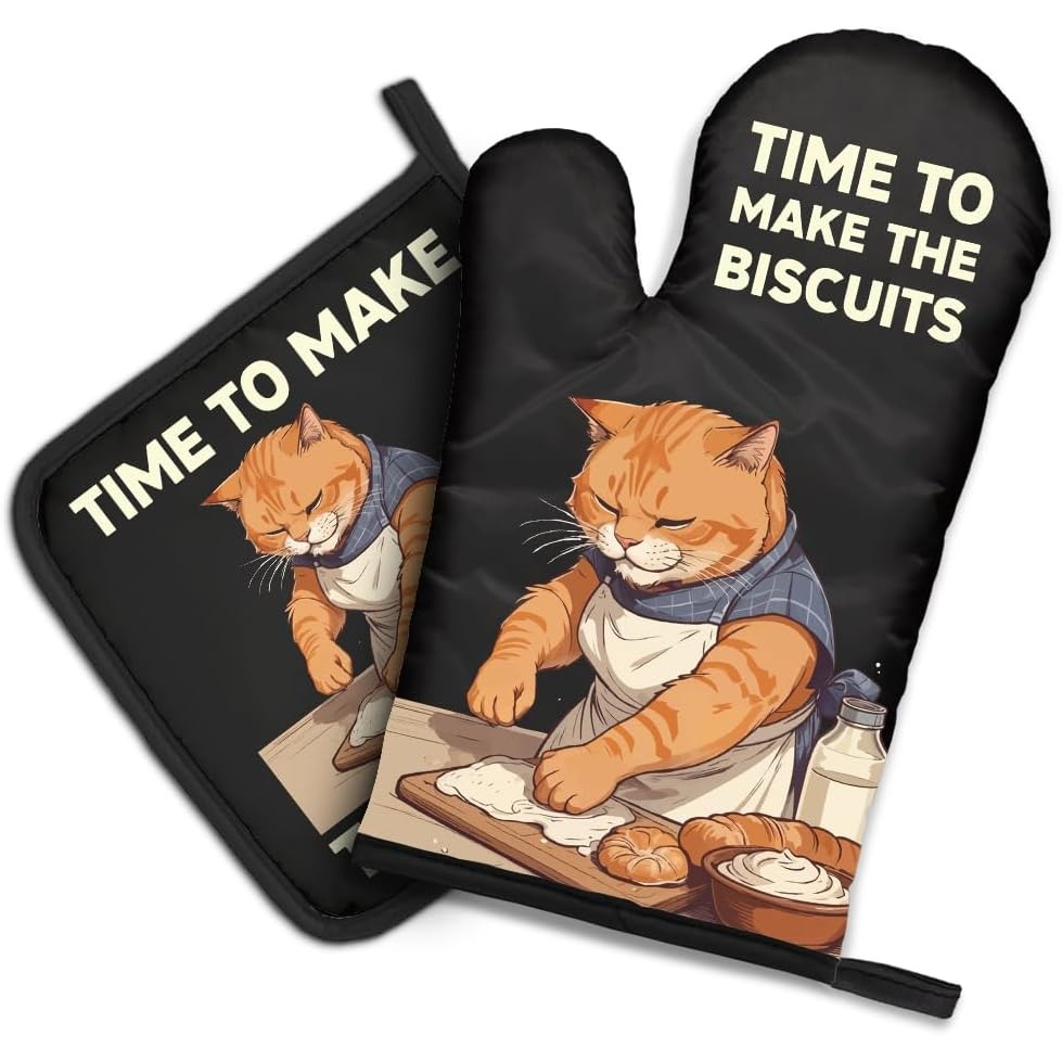Kitchen Gadgets For Dad - ビスケット柄の面白い猫のオーブンミットと鍋つかみセット、ペット愛好家のためのかわいいキッチン用品、猫のママやパパへの新築祝いギフト