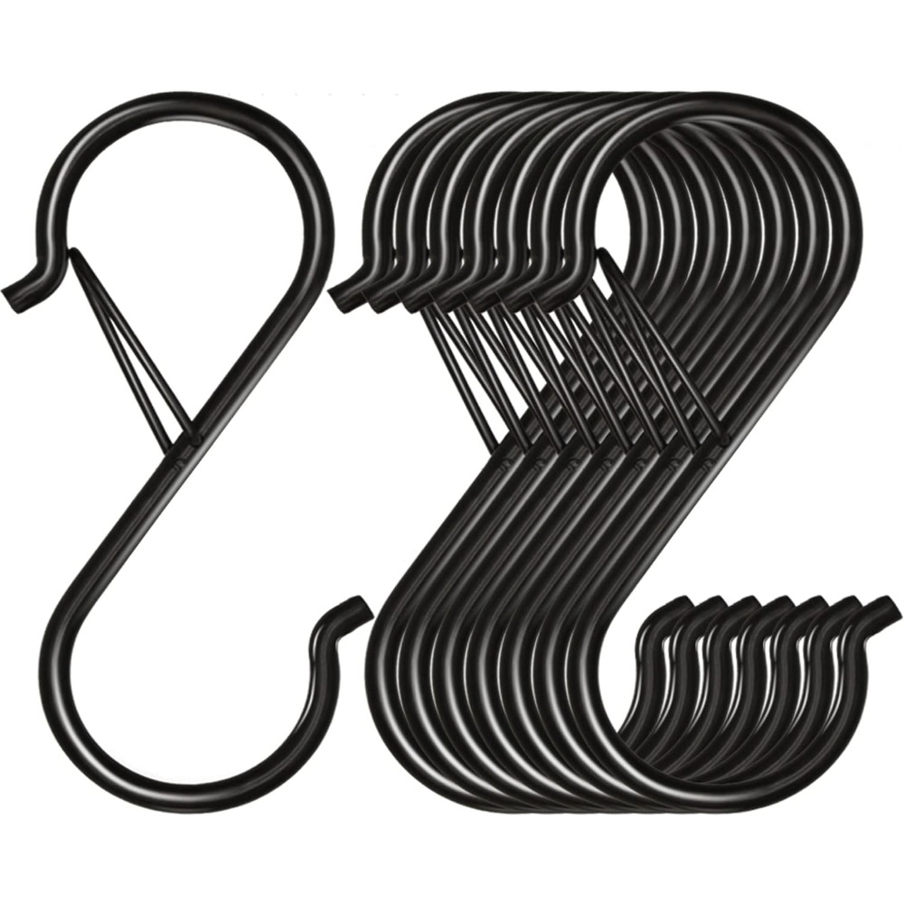 Kitchen Gadgets Rack - 3.5インチの頑丈なS字フック、安全バックル付き、黒色の金属製吊り下げフック、クローゼット、キッチン、鍋ラック、植物、バッグ、調理器具用