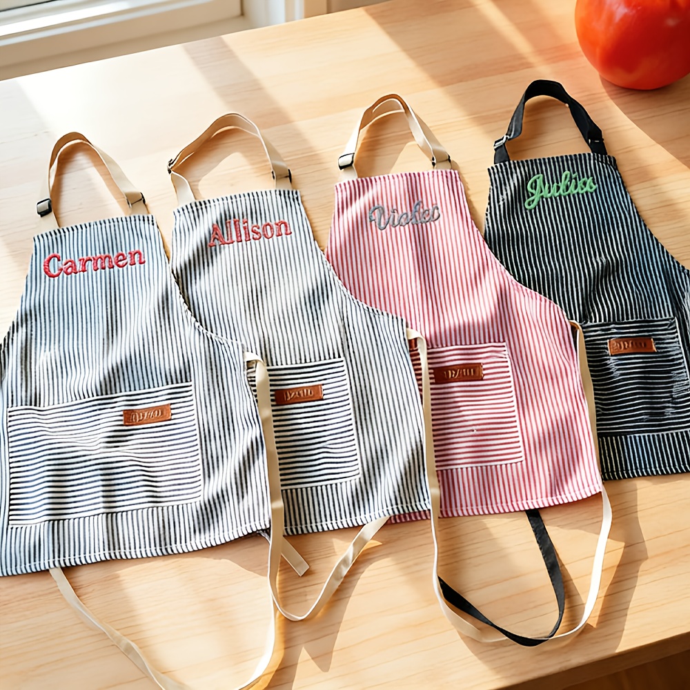 Kitchen Gadgets Name - 刺繍入り名前入りストライプエプロン ポケット付き カスタム調整可能 キッチンエプロン 理想的な調理アクセサリー 家族への誕生日プレゼント