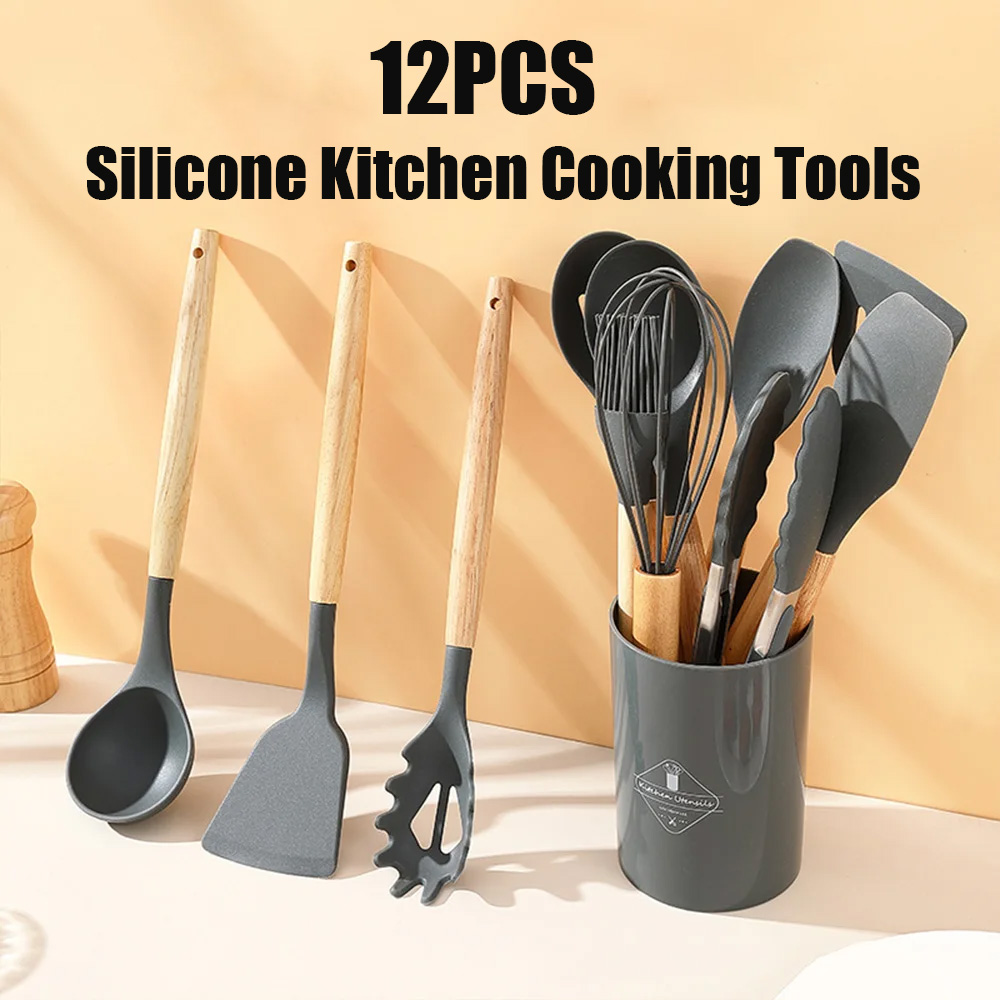 Silicone Spatula Set - 12個入りシリコン製キッチンツールセット、ノンスティック木製ハンドル付き調理器具、スパチュラ、シャベル、スープスプーン、オイルブラシ、卵ビーター、調理ツールセット