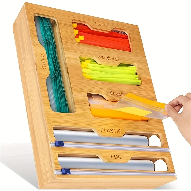 Kitchen Gadgets Rack - キッチン収納棚プラスチックラップディスペンサーカッター竹ジップロックバッグオーガナイザーとホイルとプラスチックラップオーガナイザー