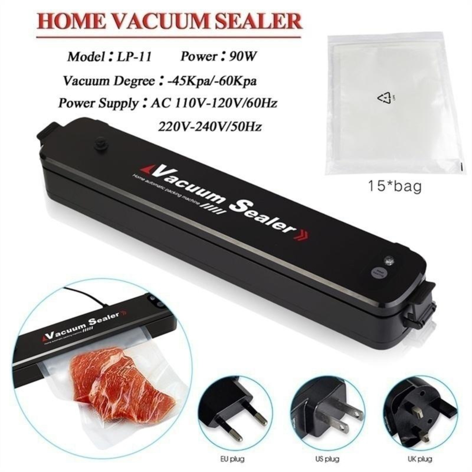 自動真空シーラーマシン ポータブルフードセーバー 15枚の袋 - Kitchen Gadgets Home Party のレビューと価格
