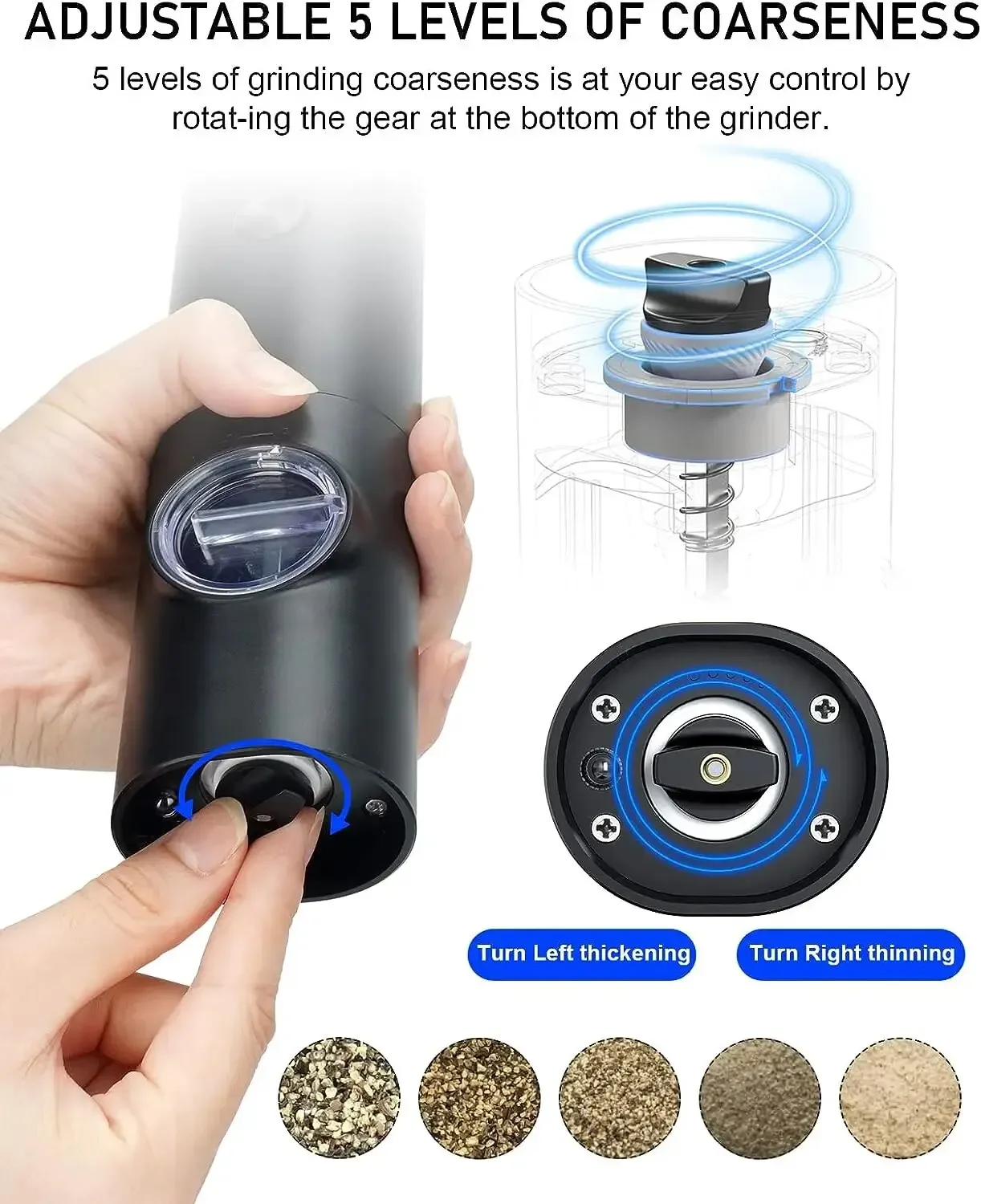 調整可能な粗さの電気塩コショウグラインダー、詰め替え可能なミ - Kitchen Gadgets Smart のレビューと価格