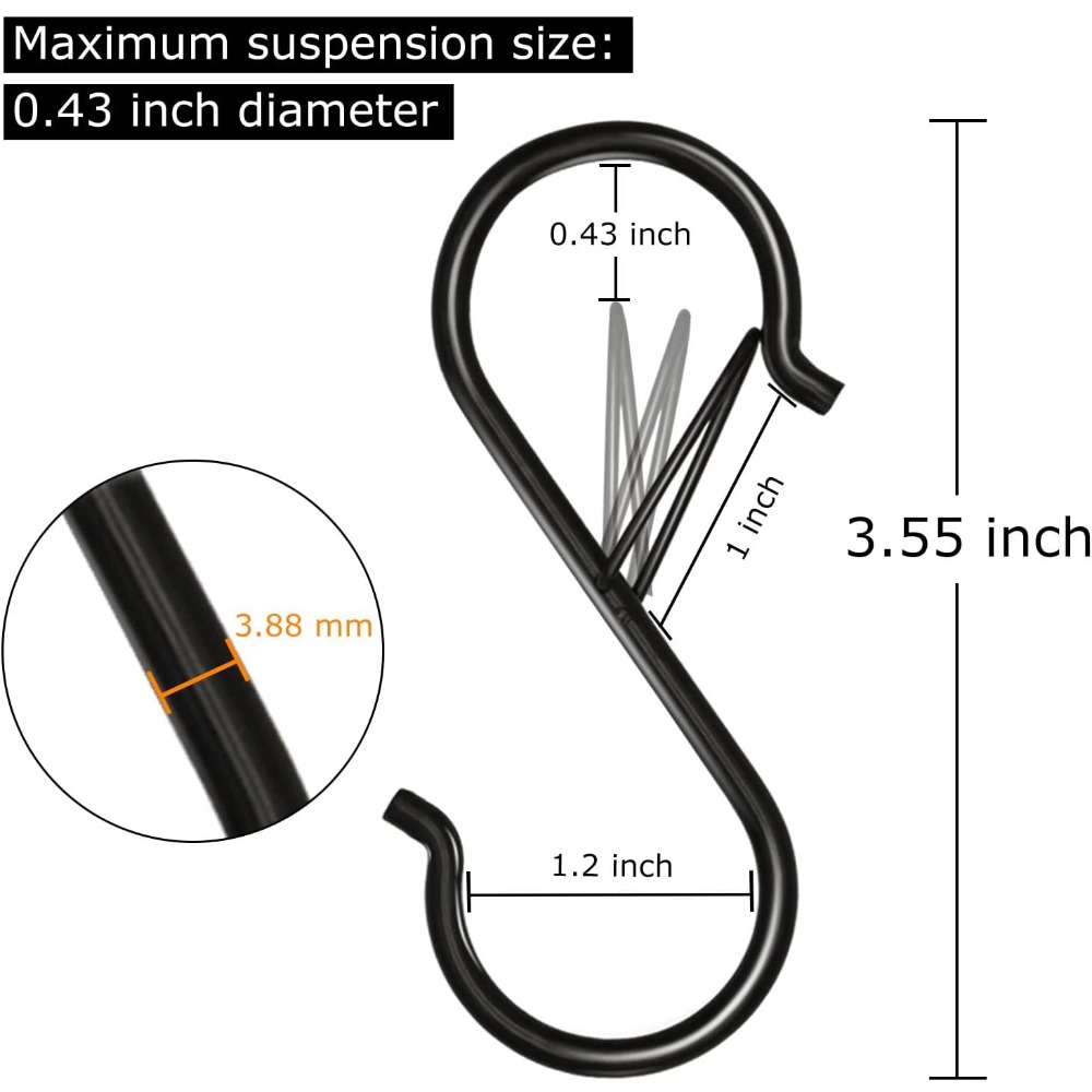 3.5インチの頑丈なS字フック、安全バックル付き、黒色の金属 - Kitchen Gadgets Rack のレビューと価格